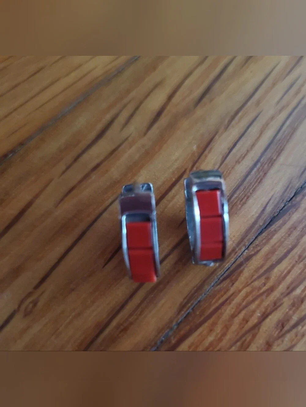 Silver Hoop Earrings with Red Inlay Huggies